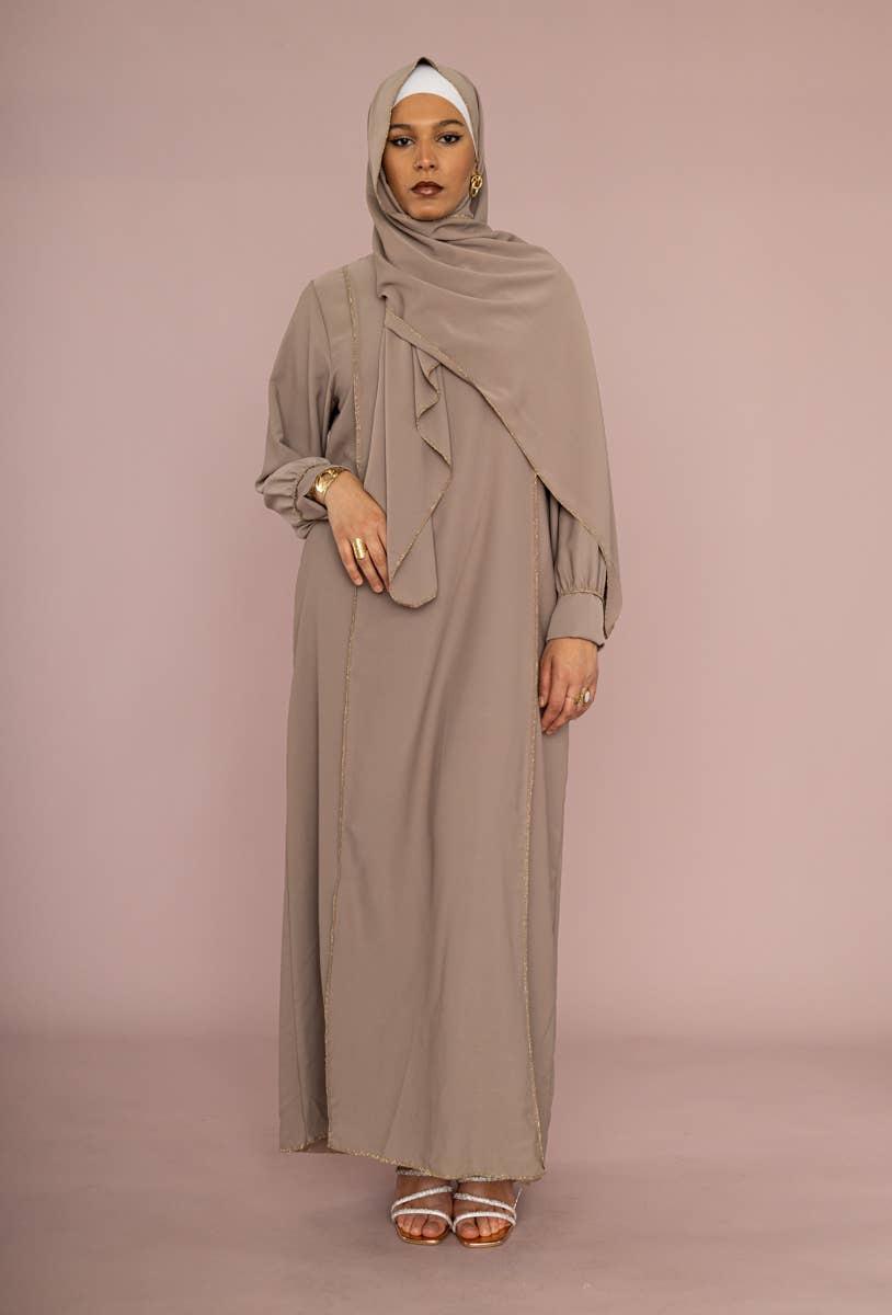 Medina Silk Abaya with Matching Scarf – Gold Stitching – Ref. 2369PK