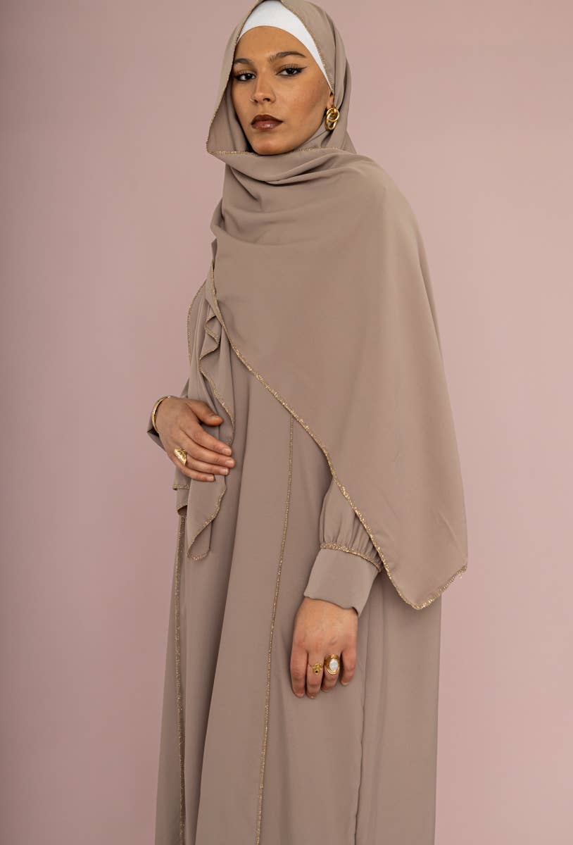 Medina Silk Abaya with Matching Scarf – Gold Stitching – Ref. 2369PK – view 2
