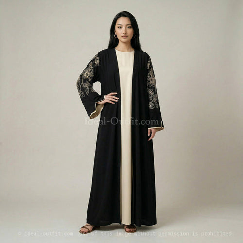 2-Piece Set – Floral Embroidered Kimono & Jazz Abaya